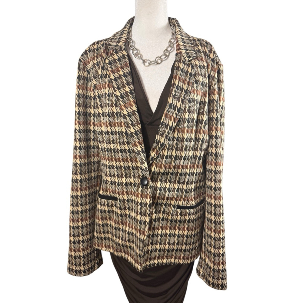 Women's Cato Houndstooth Blazer XL Brown Beige Black Single Breasted